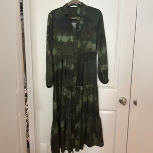 Mango shades of green ombré long sleeve maxi shirt dress silk